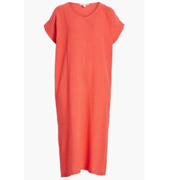 Eileen Fisher Dress Womens Large Orange Short Sleeve V-Neck Midi Cotton Shift - Picture 5 of 5